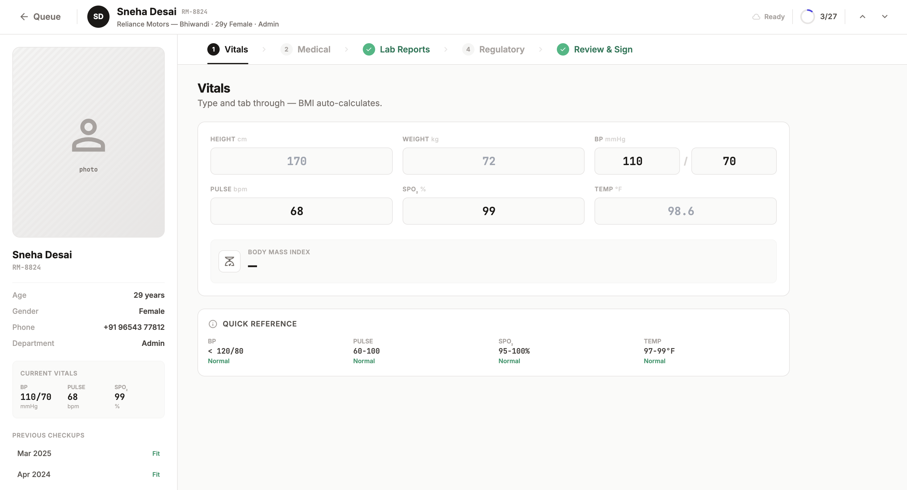 Tablet-first checkup screens show only what this camp needs.